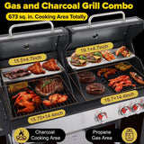 3-Burner Propane and Charcoal Grill Combo with Side Burner, 41,500 BTU BBQ Grill with Cast Iron Grates for Patio, Garden, Balcony, or Camping