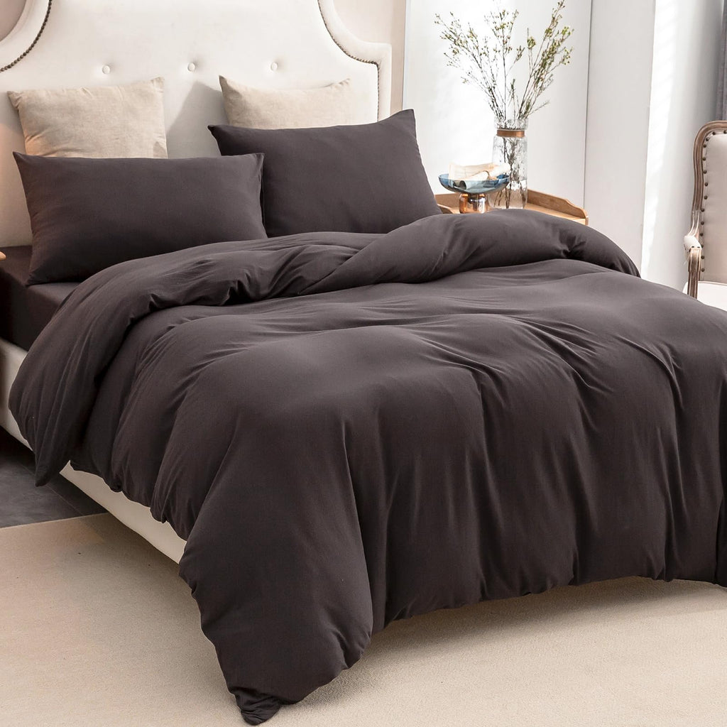 Jersey Knit Duvet Cover Set Solid Dark Brown Queen