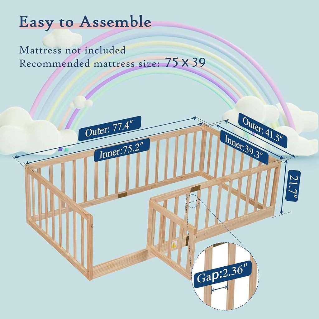 Twin Montessori Floor Bed with High Rails, Solid Wood Montessori Bed Frame for Kids, Door Can Install Left and Right