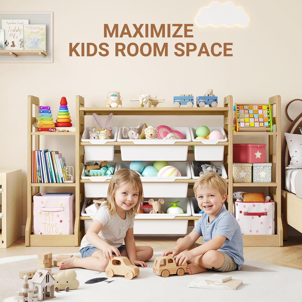 Kids Toy Storage Organizer with Bookshelf, 6 Shelves 9 Bins | Wooden Toy Shelf, Storage Boxes, Extended Base Sturdy