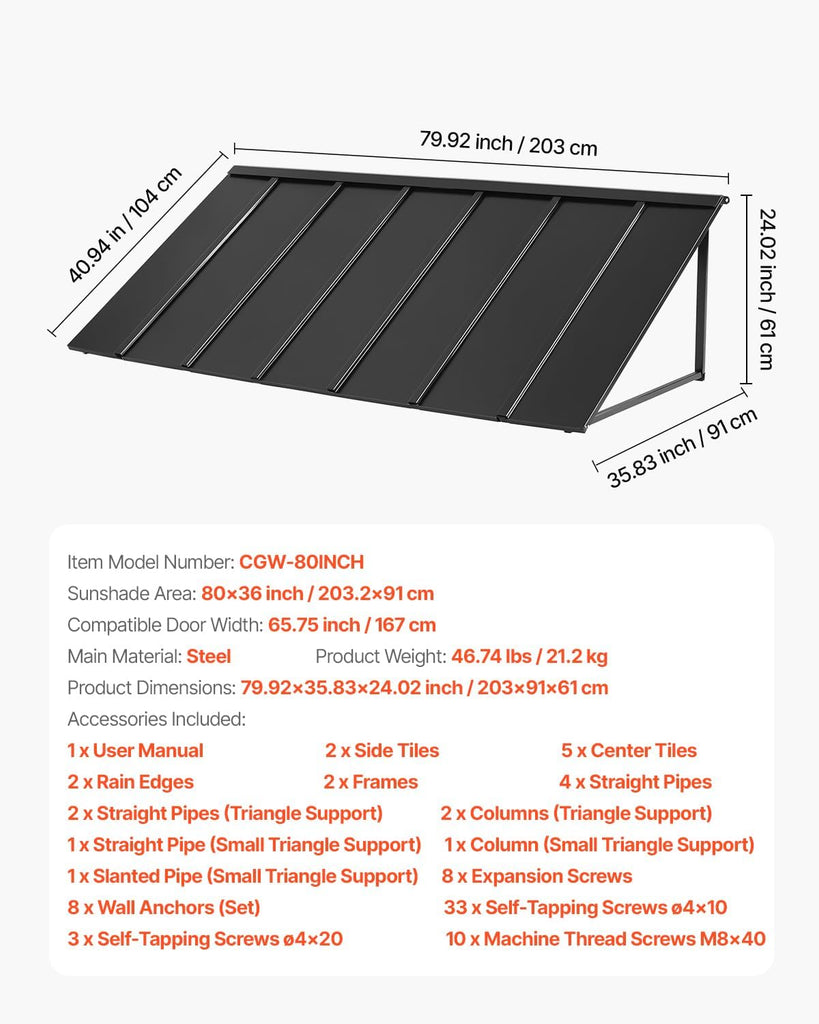 Fixed Metal Awning 80 x 36 in, Window Awning Door Canopy, Stable Triangle Steel Frame Exterior Awnings Rain, and Snow
