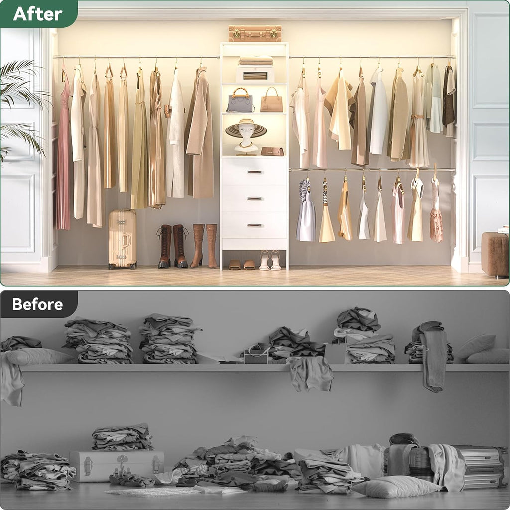 96'' Closet Organizer System with 3 Hanging Rods, 8FT Closet Organizers and Storage with 3 Wooden Drawers, Built in