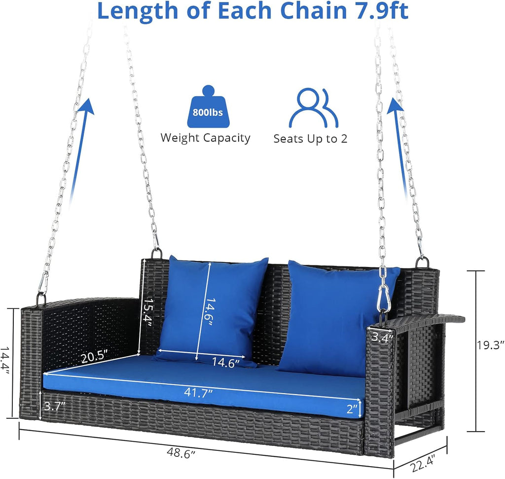 4FT Wicker Porch Swing for 2 Person, 800lb Capacity Outdoor Hanging Bench with Removable Cushions, Handwoven