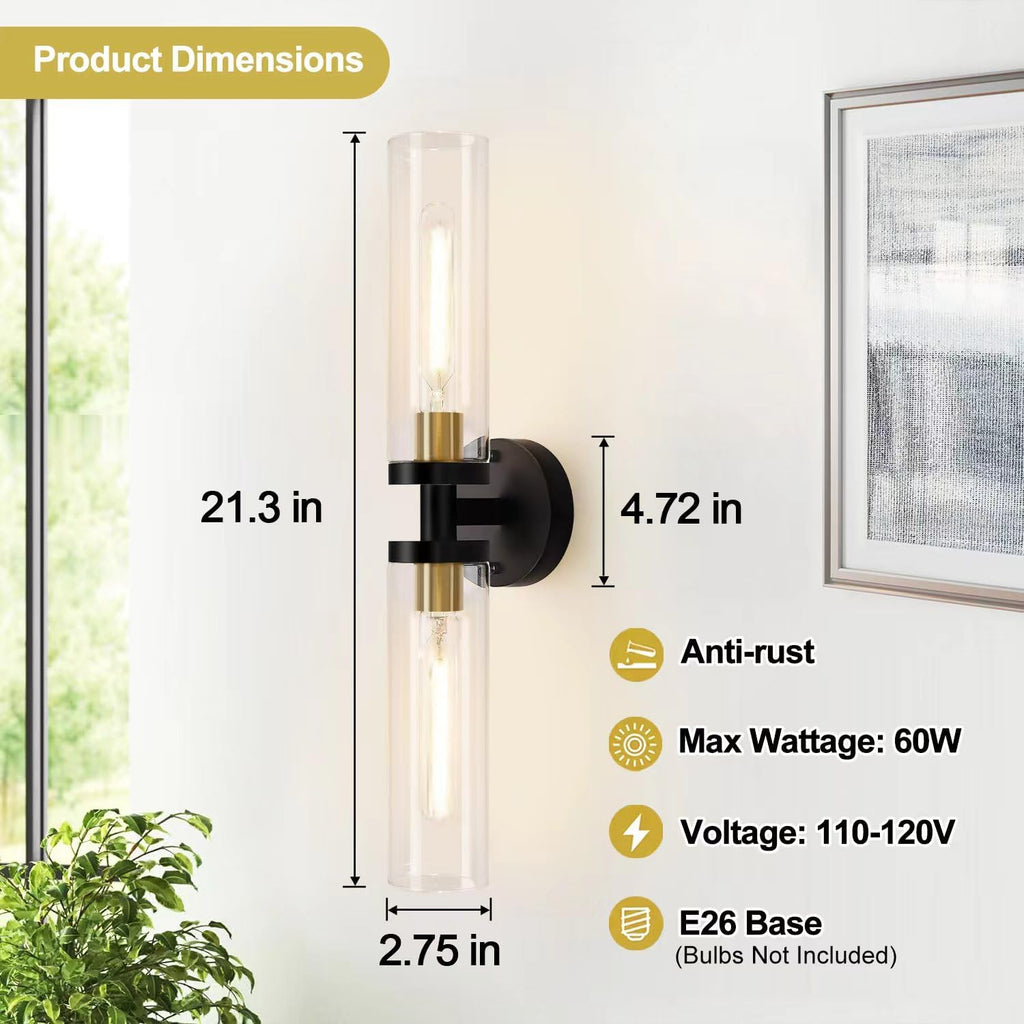 Hardwired Wall Sconces Set of Two, 22" Black and Gold Bathroom Sconces with Clear Glass, Modern Sconces Wall Decor