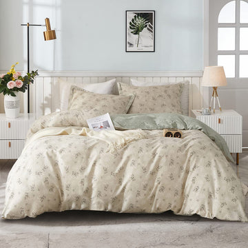 Boho Floral Duvet Cover Full Soft Cotton Garden Beige Floral Bedding Sets Full Aesthetic with 2 Pillowcases Chic