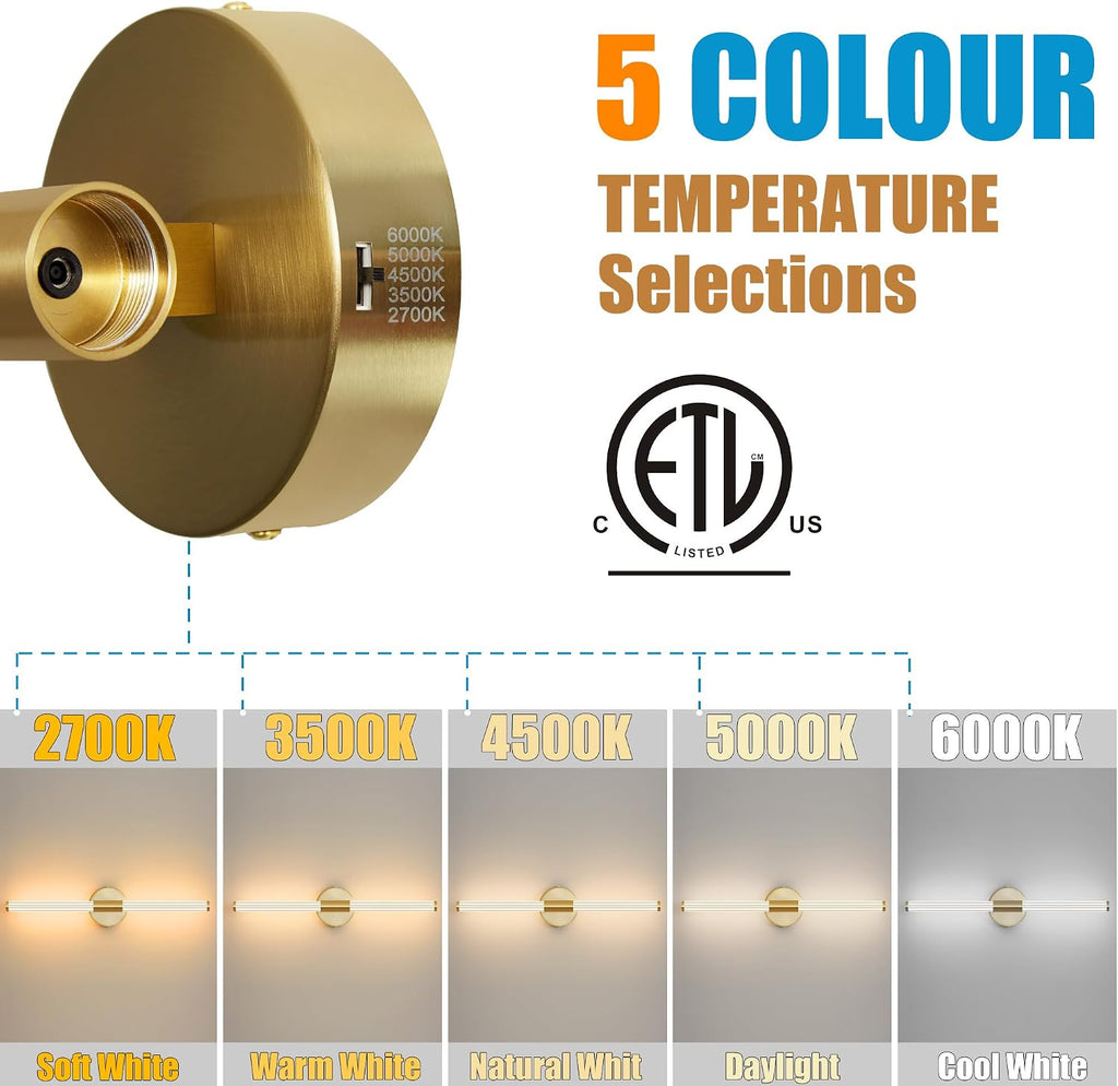 Gold Wall Sconces Set of Two Hardwired LED Vanity Light 23" | Dimmable 5CCT LED Bathroom Light Fixtures, 360° Full