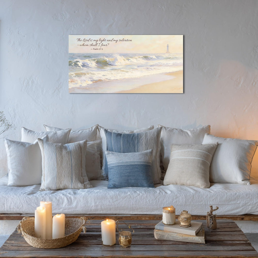 Christian Bible Verse Scripture Canvas Wall Art Ocean Waves Lighthouse Coastal Style Ready to Hang Gallery Wrapped