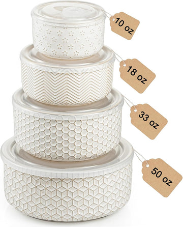 Serving Bowls with Lids, Ceramic Embossed Nesting Mixing Bowls, Set of 4, Serving Bowls Set for Food Storage