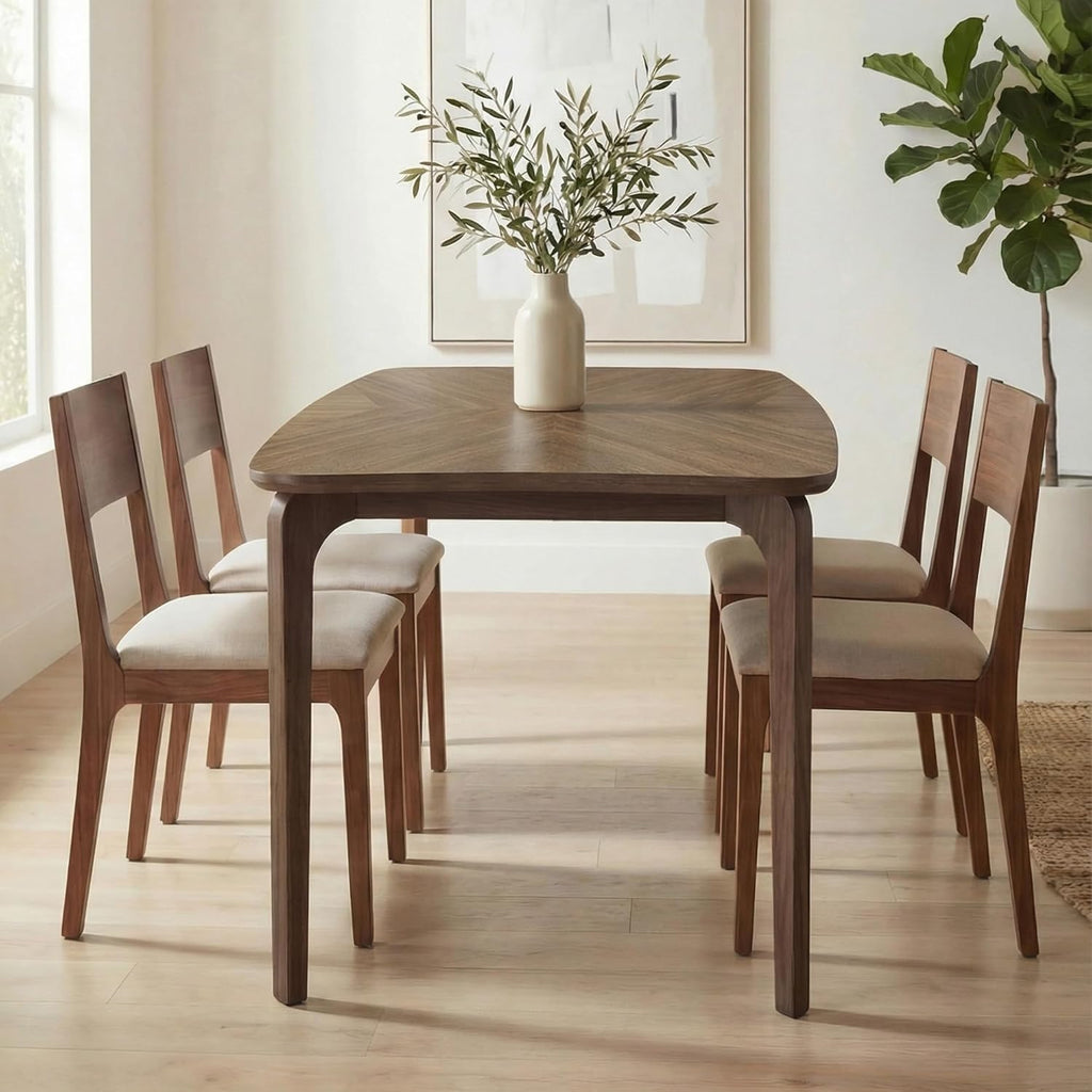 Modern Curved Edge Dining Table, 63" Solid Wood Kitchen Table with Herringbone Pattern Mid-Century Rectangular Dinner