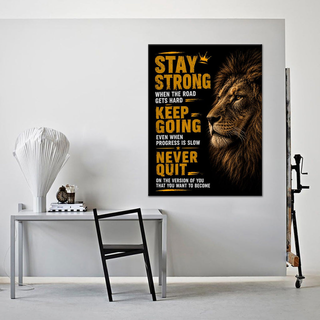 Stay Strong Wall Art, Black Gold Lion Typography Canvas Artwork