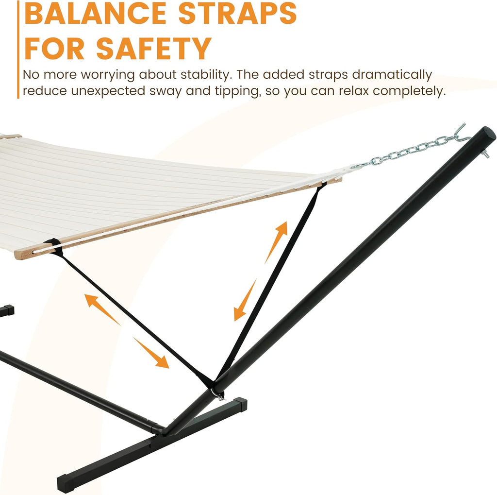 2 Person Hammock with 12FT Stand for Outside, Quilted Double Hammock with Detachable Pillow, Balance Strap & Carrying