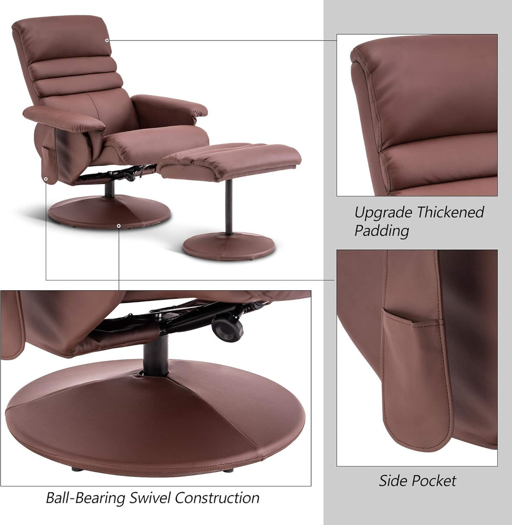 Modern Reclining Swivel Lounge Chair and Ottoman — Brown Faux Leather