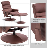 Modern Reclining Swivel Lounge Chair and Ottoman — Brown Faux Leather