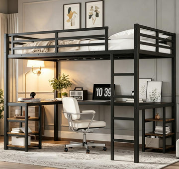 Twin XL Size Loft Bed with Desk and Shelves, Metal Twin XL loft bedframe with L Desk and 6 Storage Shelves, Black