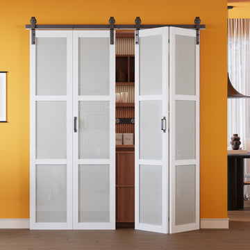 50" x 84" Bifold Barn Door, Fingerprint-Resistant 3-Lite Glass Bi Fold Door