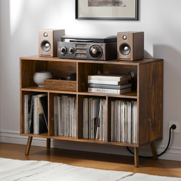 Record Player Stand with Vinyl Storage Cabinet, Wood Turntable Table Open Shelf Holder Up to 350 Albums Cube Storage