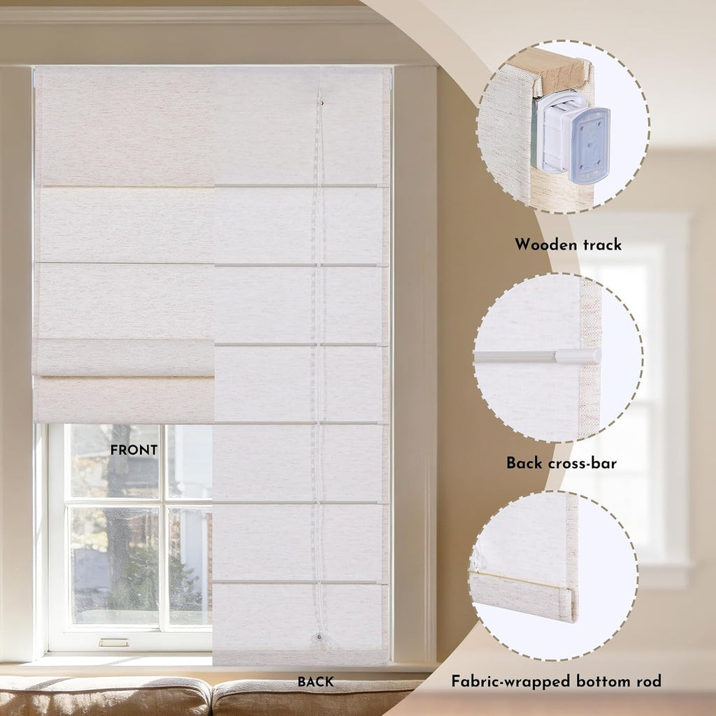 No Tools No Drill Cordless Roman Shades for Indoor Windows, Linen Fabric Light Filtering Roman Blinds, Privacy Window