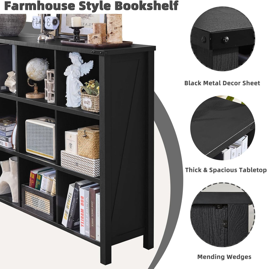12 Cube Storage Organizer, Farmhouse 62 Inch Wide Black Oak Display Bookshelf, Wooden 3 Tier Large Open Book Shelf