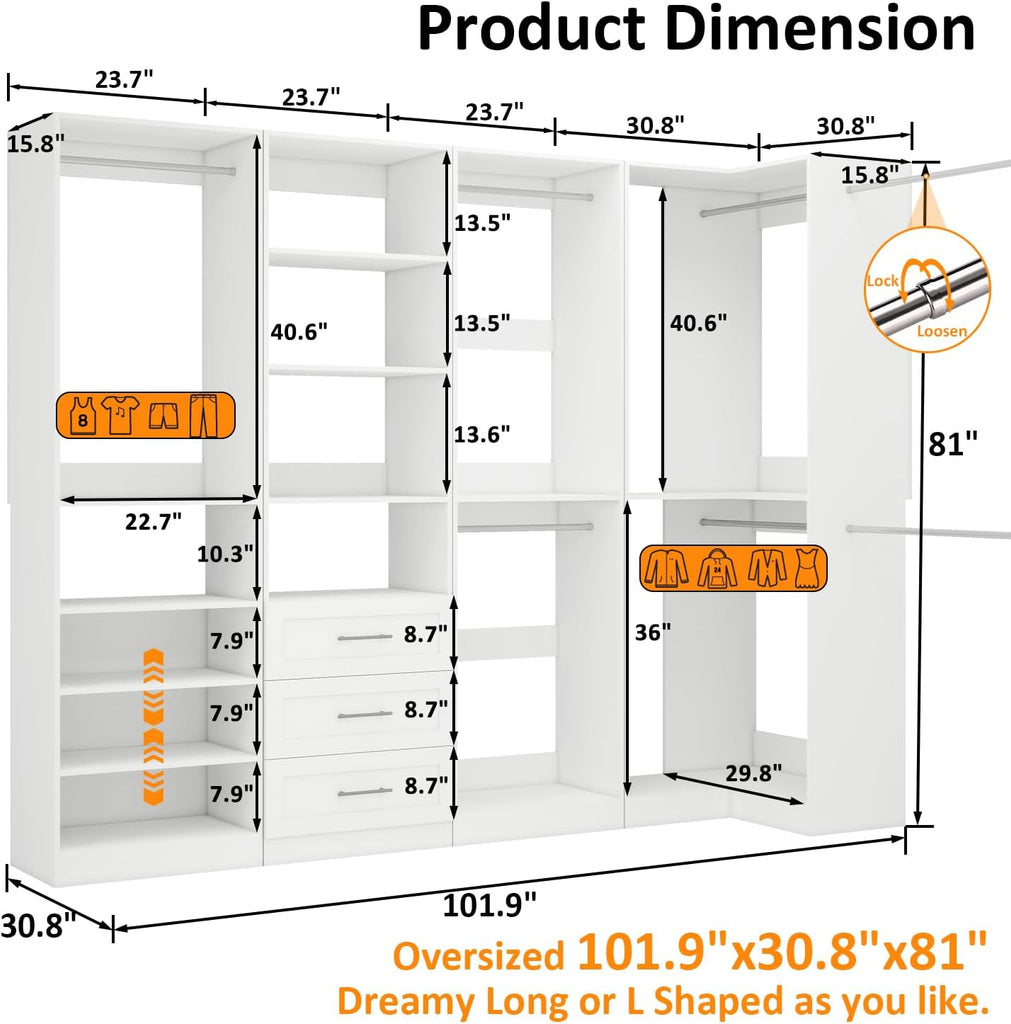 Closet Organizer System of 4 Sets with 3 Drawers, 9 Hanging Rods & 8 Shelves, 157" Walk in Closet System, Corner
