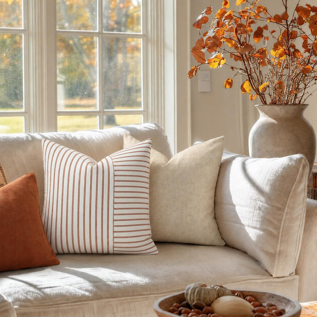 Farmhouse Fall Pillow Covers 26x26, Modern Accent Square Throw Pillow Covers Set of 2, Rust and Beige Striped
