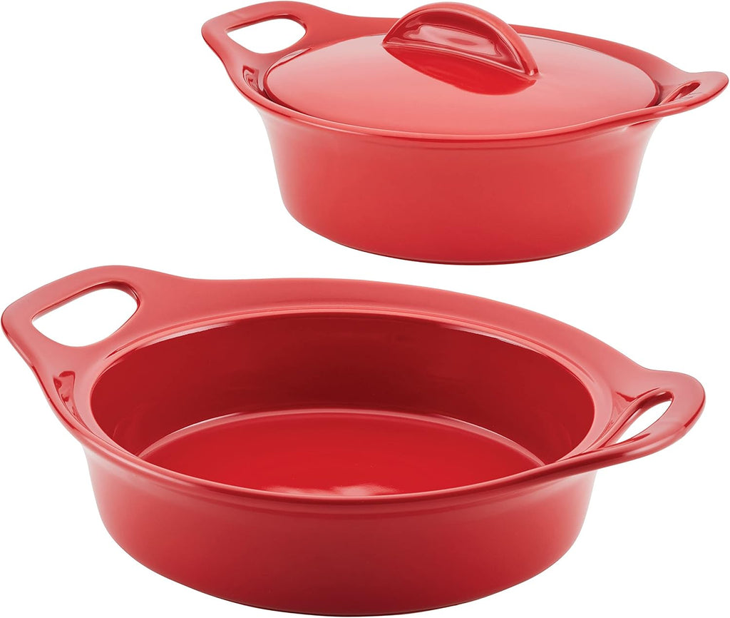 Solid Glaze Ceramics Casserole Bakers/ Dish with Shared Lid Set, 3 Piece, Red