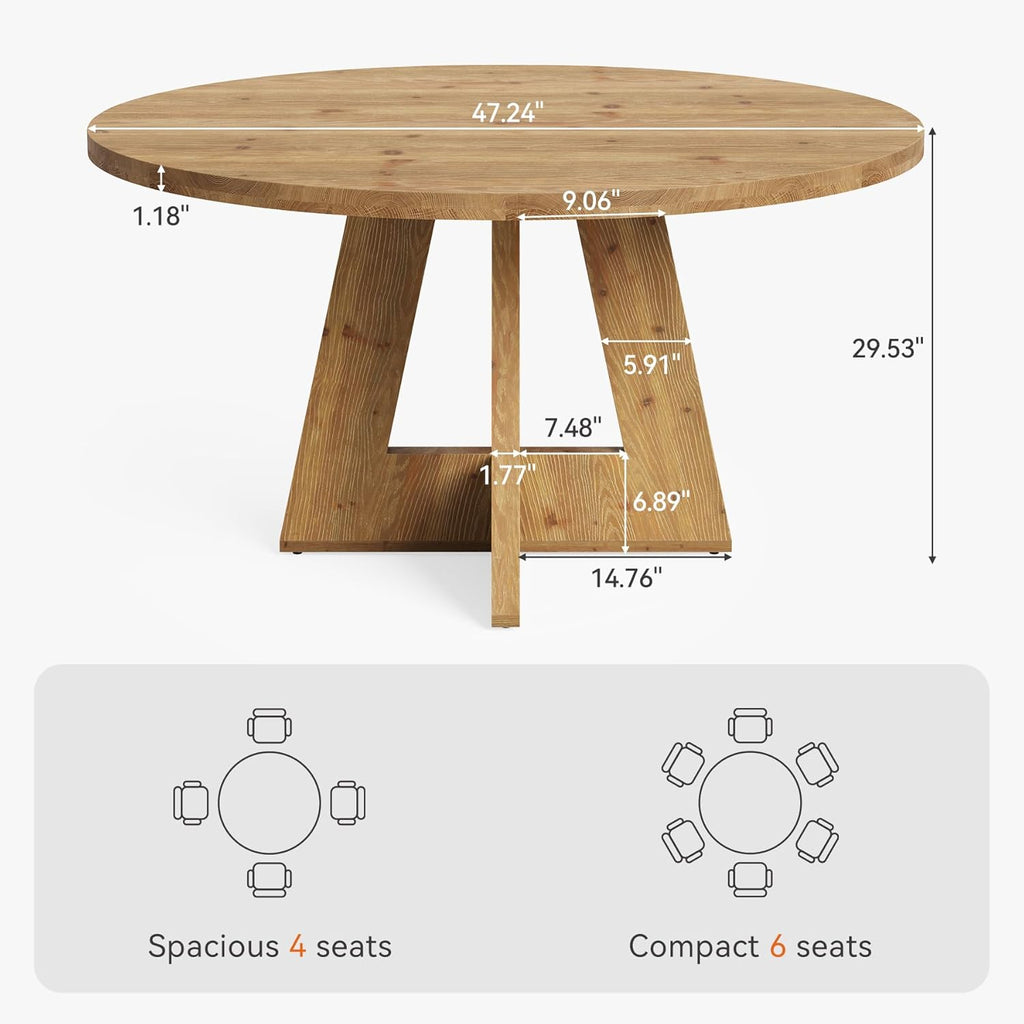 Solid Wood Round Dining Table, 47" Farmhouse Kitchen Table for 4-6, Wooden Circle Dinner Table for Dining Room