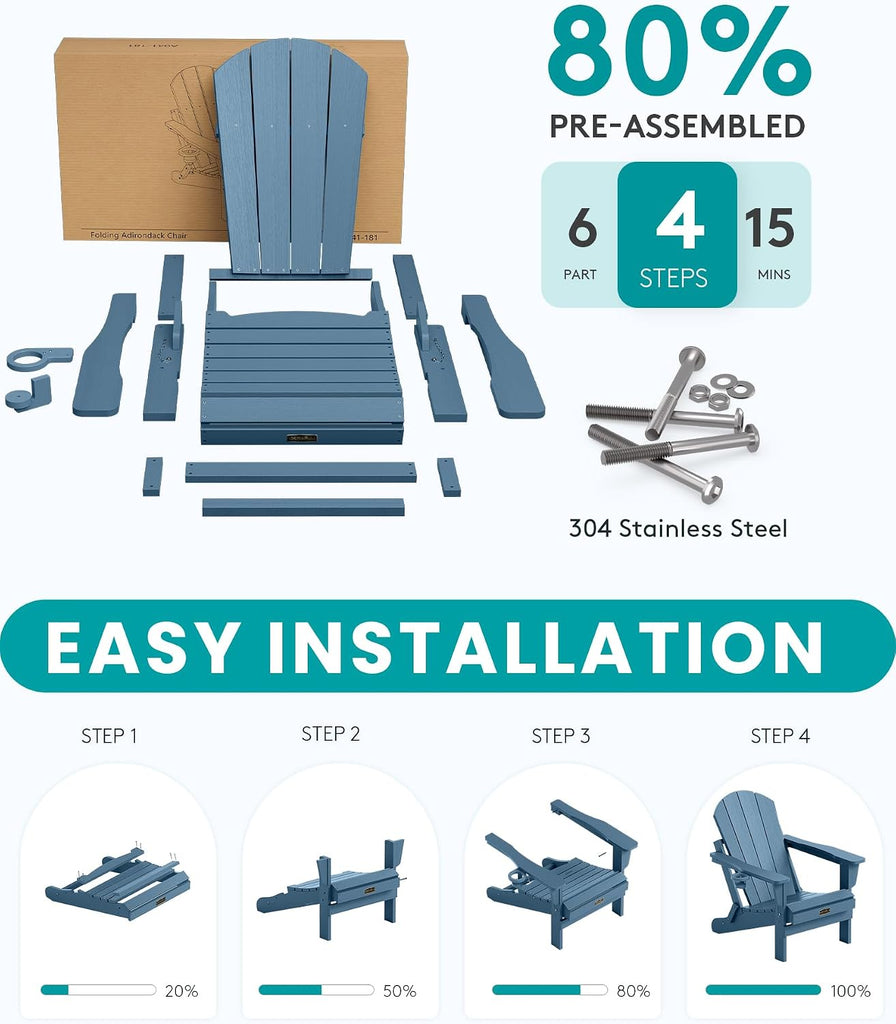 Folding Adirondack Chair Set of 4 with Cup Holder for Fire Pit-Blue | Foldable Adirondack Chairs Garden Outdoor