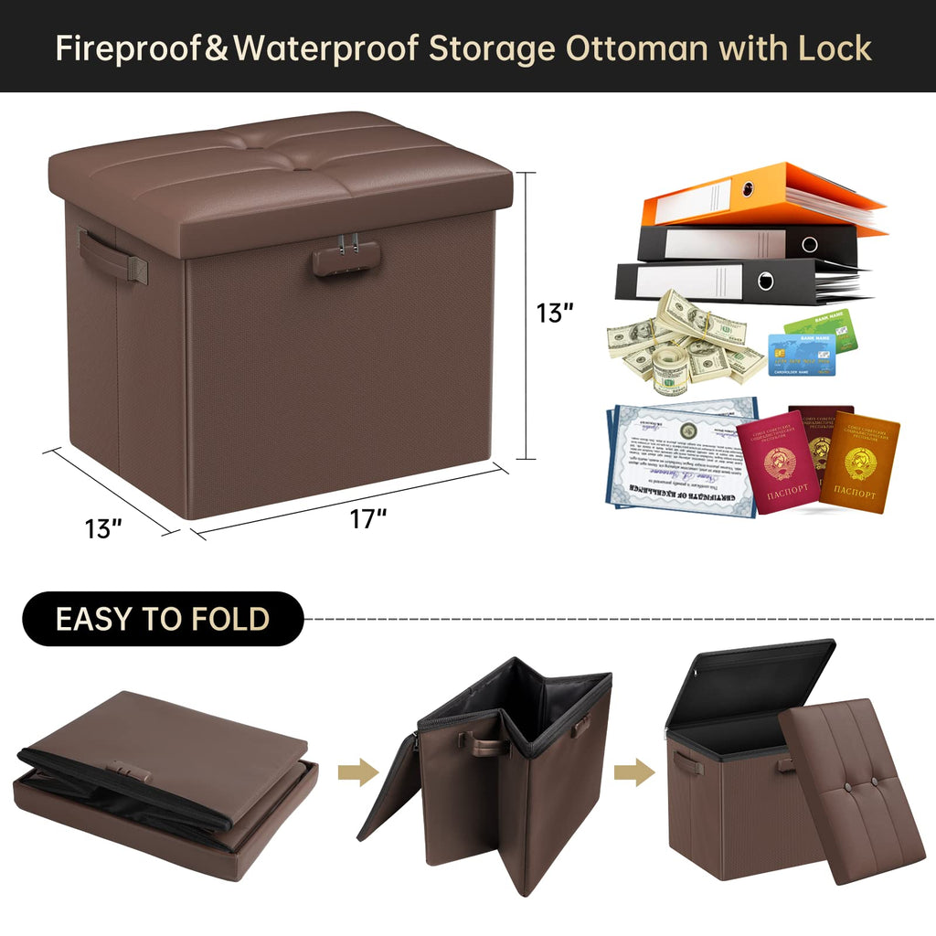Storage Ottoman Foot Rest Stool with Lock & Handle, Fireproof Folding Leather Footstool Bench with Storage Safe