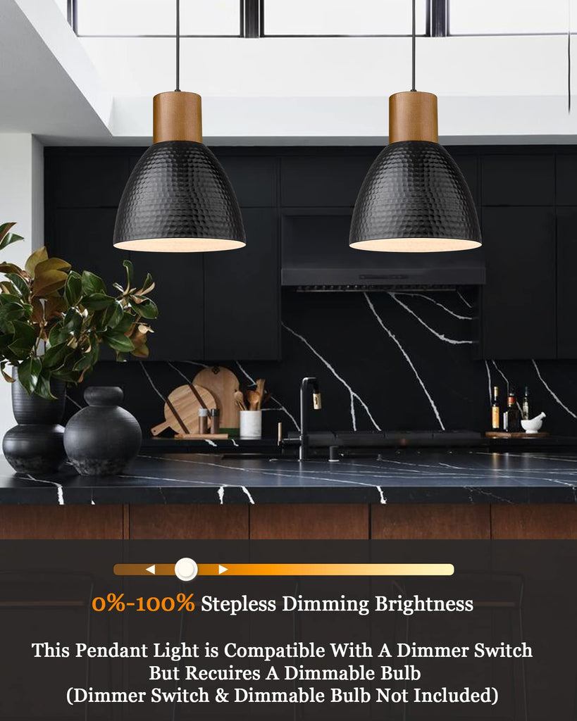 Hammered Pendant Light, 10.2" Industrial Hanging Lamp with Solid Wood & Metal Shade, Modern Pendant Light Fixtures