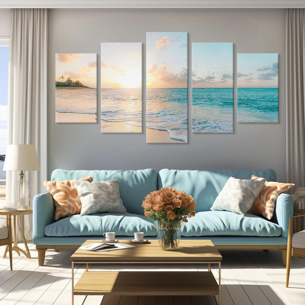 5 Pieces Beach Sunset Canvas Wall Art Blue Sea Prints Romantic Ocean Waves Pictures Painting Bedroom Home Decorations