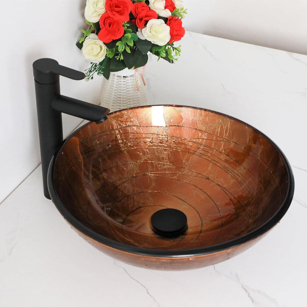 Small Bathroom Sink 17" Brwon Glass Vessel Sink With Faucet And Drain Combo Modern Round Shape Artistic Basin Bathroom