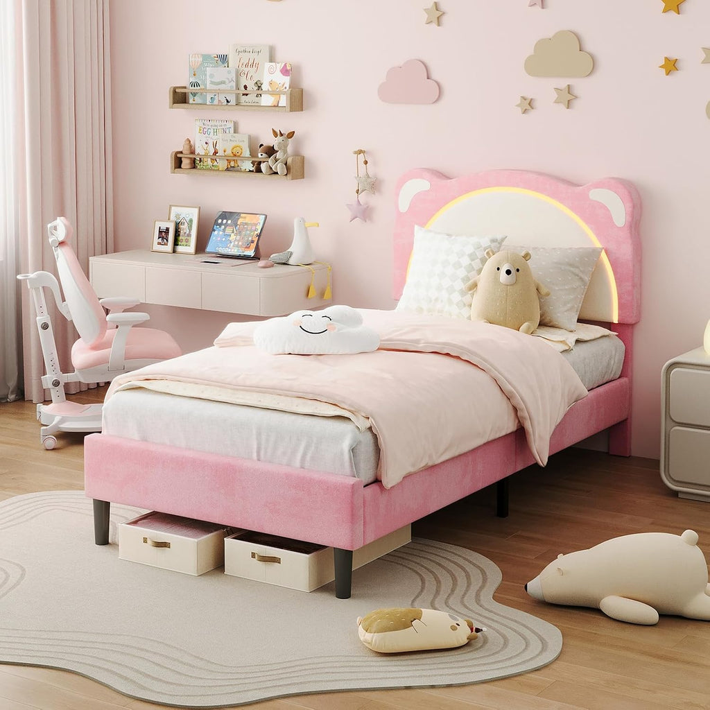 Pink Bed Frame Twin XL Size with LED Lights & Adjustable Headboard | Cute Bear Ear Kids Bed Frames, Velvet