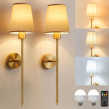 Battery Operated Wall Sconces Set of Two, 3CCT with Remote, Gold