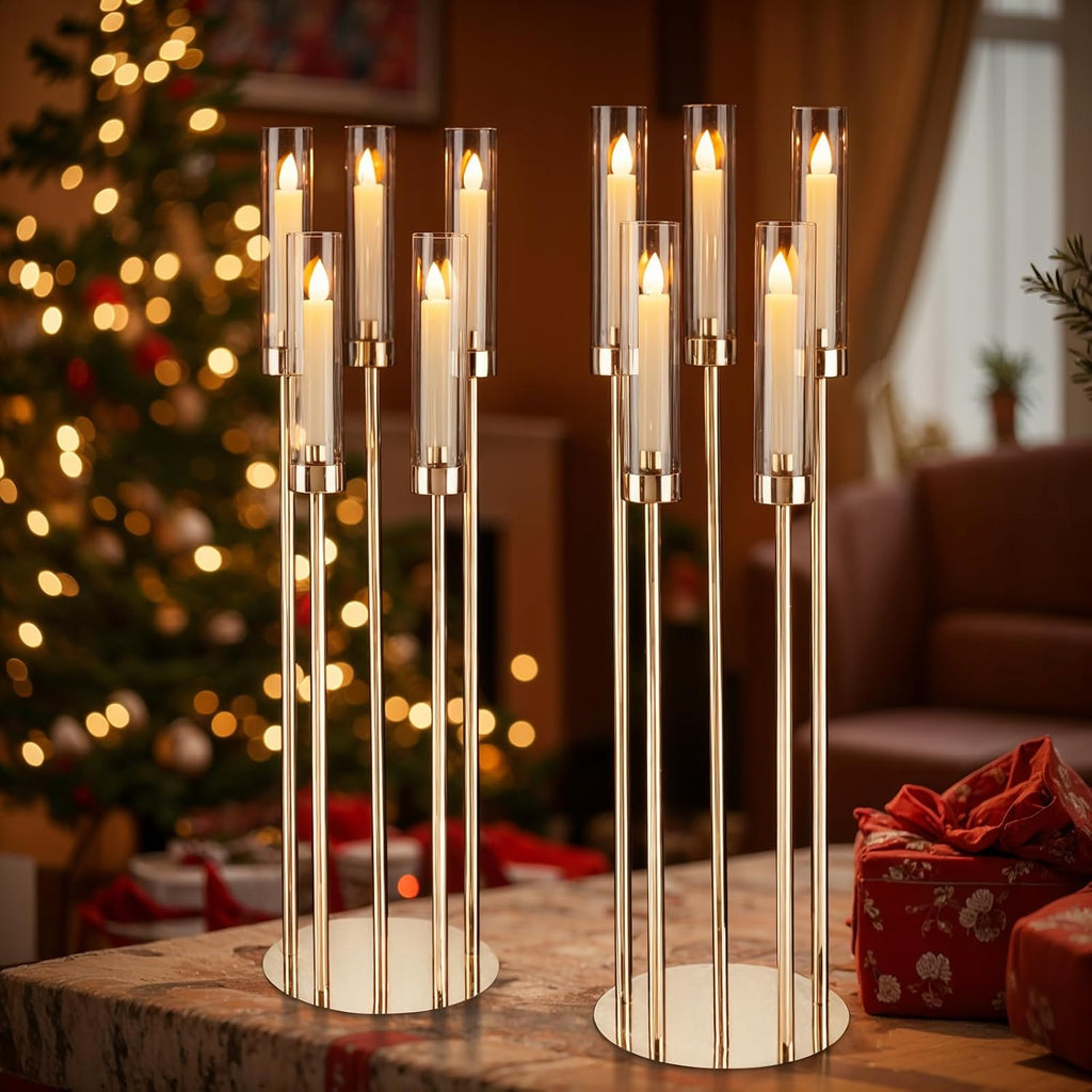 Gold Candelabra 4 Set 34.6'' Tall Candelabras Centerpieces for Tables, 5 Arm Candle Holders Centerpiece with Acrylic