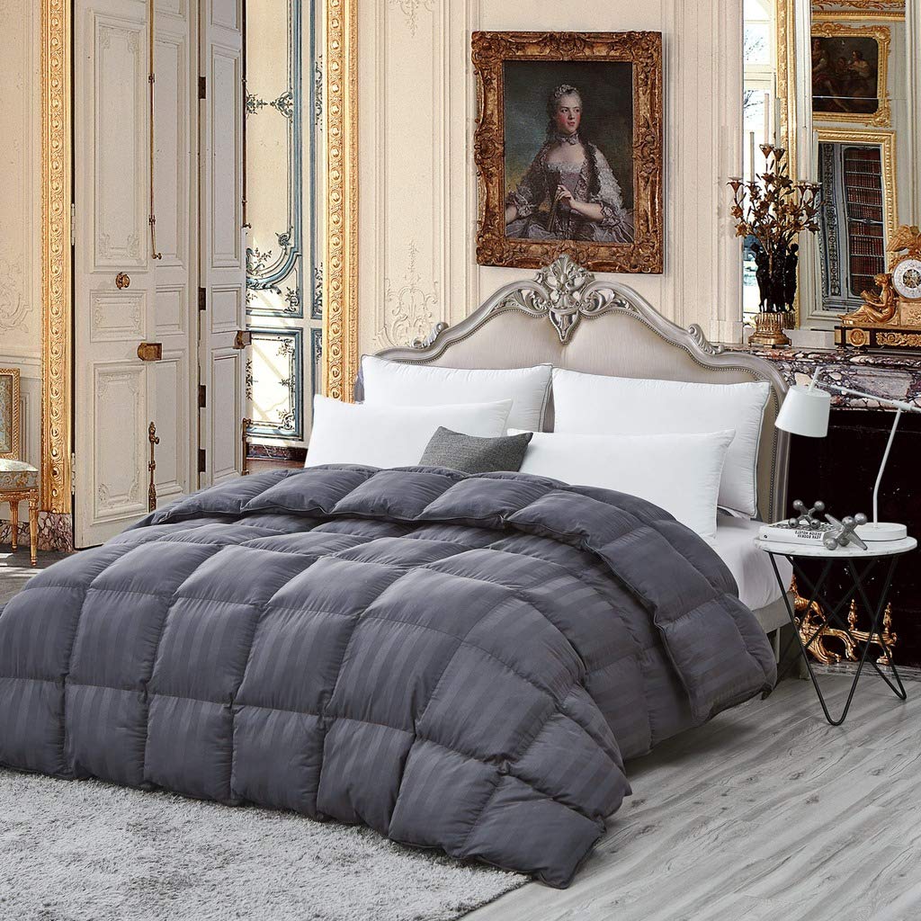 Luxurious All-Season Goose Down Comforter Full Size Duvet Insert, Exquisite Gray Stripe Design, 100% Egyptian Cotton