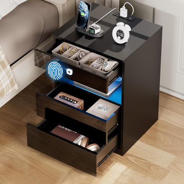 Smart Nightstand with Fingerprint Lock Drawer, Modern LED Nightstand with Charging Station, Bedside Table with Hidden