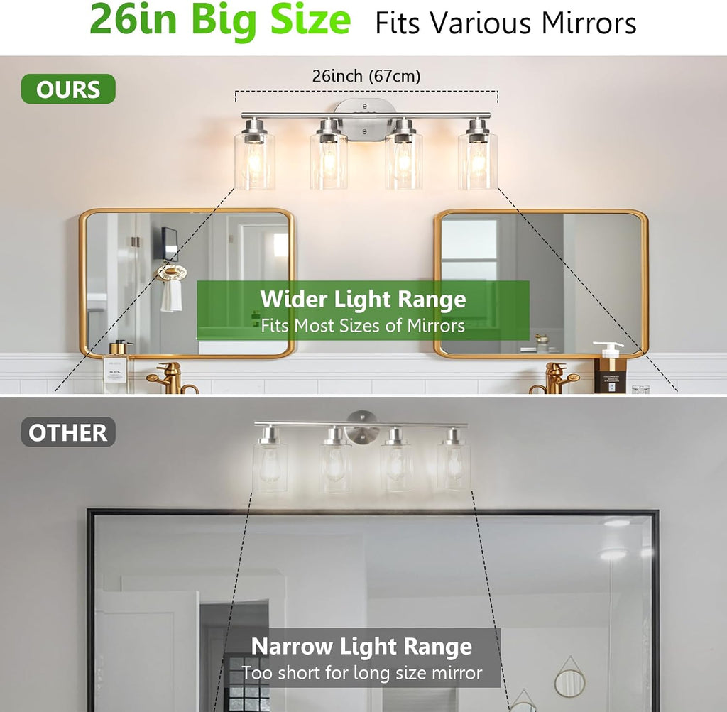 4-Light Bathroom Light Fixtures, Modern Vanity Lights with Clear Glass Shade, Brushed Nickel Wall Lamp Mirror Hallway