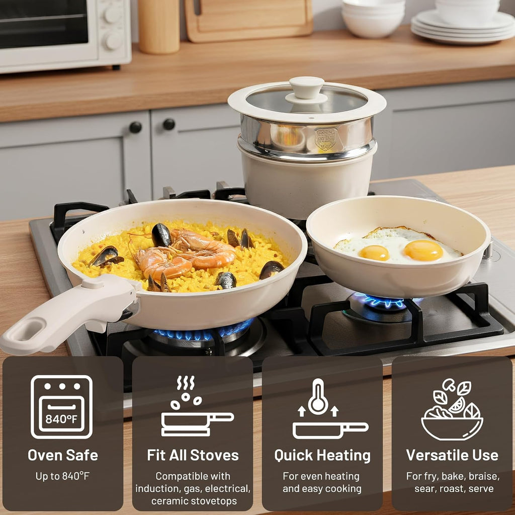 Nonstick Pots and Pans Set - Ceramic Cookware Set with Detachable Handle - 25 Pack Healthy Pans Set for Cooking