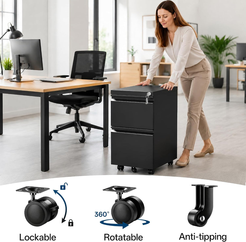 Fully Assembled 2 Drawer Mobile File Cabinet with Lock | Under Desk Metal Filing Cabinet , Rolling Storage for