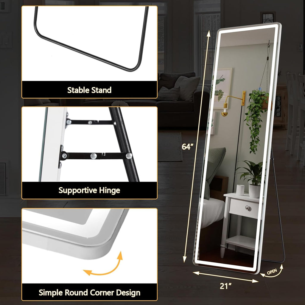 Full Length Mirror with LED Lights, 65"x21" Lighted Floor Mirror with Dimming & 3 Color Lighting, Stand , Dressing Room