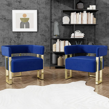 Modern Navy Blue Velvet Accent Chair Set of 2, Barrel Chairs Set of 2, Arm Side Chairs Bedroom (2, Blue)