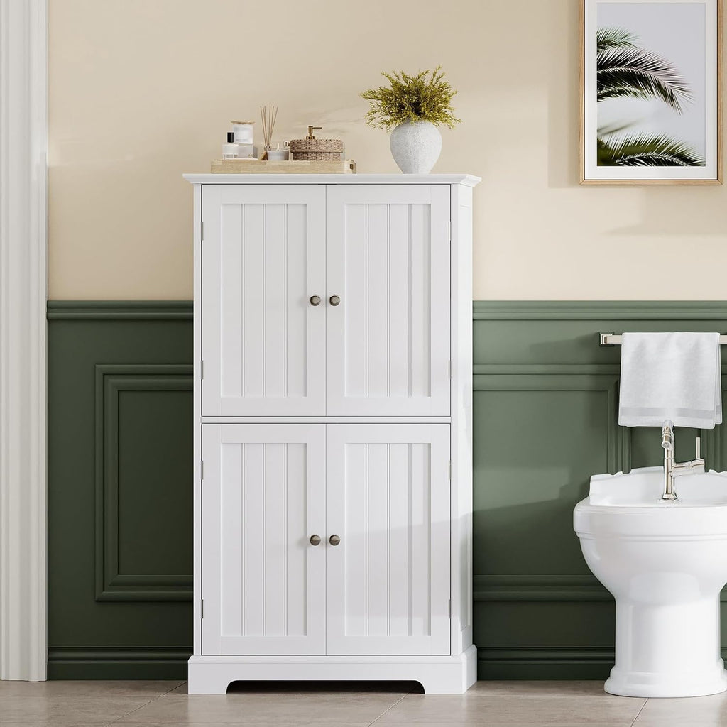 Bathroom Floor Cabinet with Adjustable Shelves | Bathroom Storage Cabinet, 4 Doors, Freestanding Cupboard , White