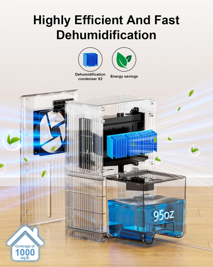 Dehumidifier for Home, 95 OZ Water Tank, (1000 sq.ft) Dehumidifiers for Bathroom Bedroom Basement RV with Drain Hose