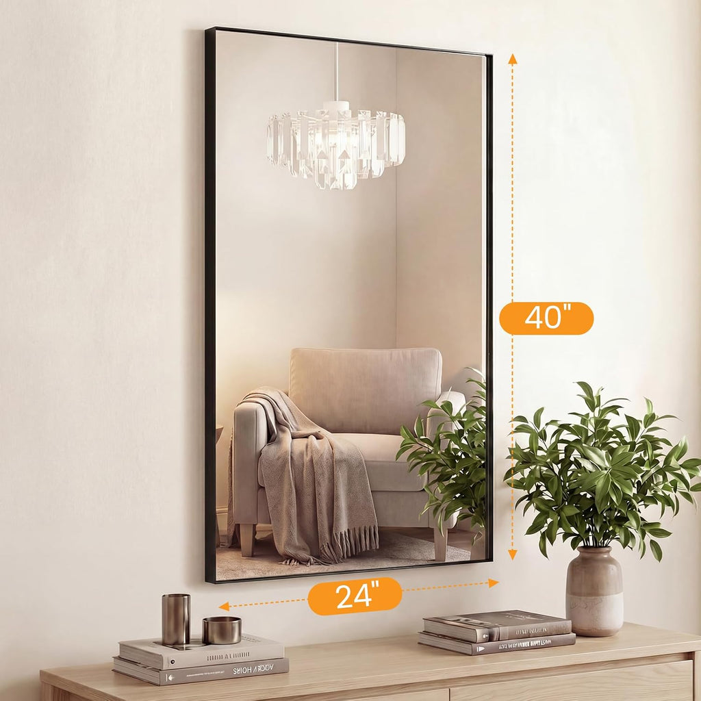 24x40 Wall Mirror, Bathroom Mirrors for Over Sink, Black, Matte Metal Framed Vanity Mirror with Tempered Glass