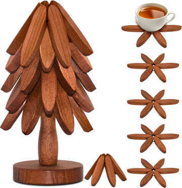 Wooden Trivets for Hot Dishes, Wooden Tree Trivet for Easy Storage - Suited for Hots, Pans, Bowl, Teapot - Set of 5