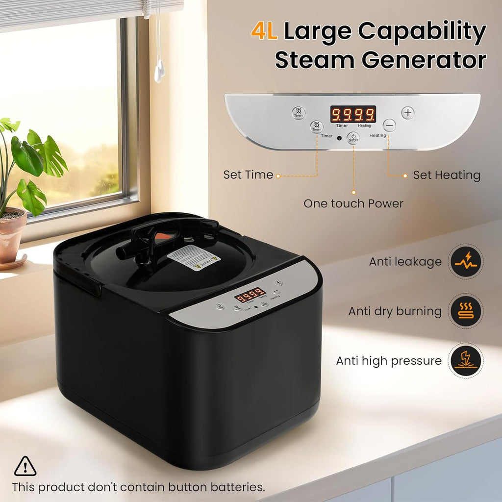 Larger Sauna Steamer 4L, 1500W Steam Generator,Steamer Pot with Remote Control, Steam Cup, Timer, 16 Levels