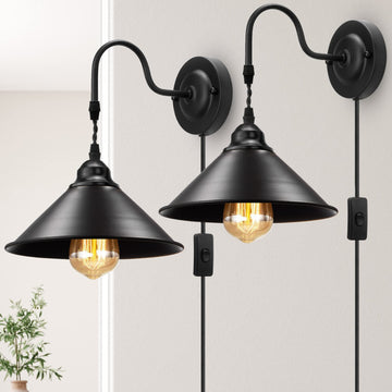 Plug in Wall Sconces, Vintage Plug in Wall Lamp Set of 2 with On/Off Switch, Metal Black Industrial Wall Mounted