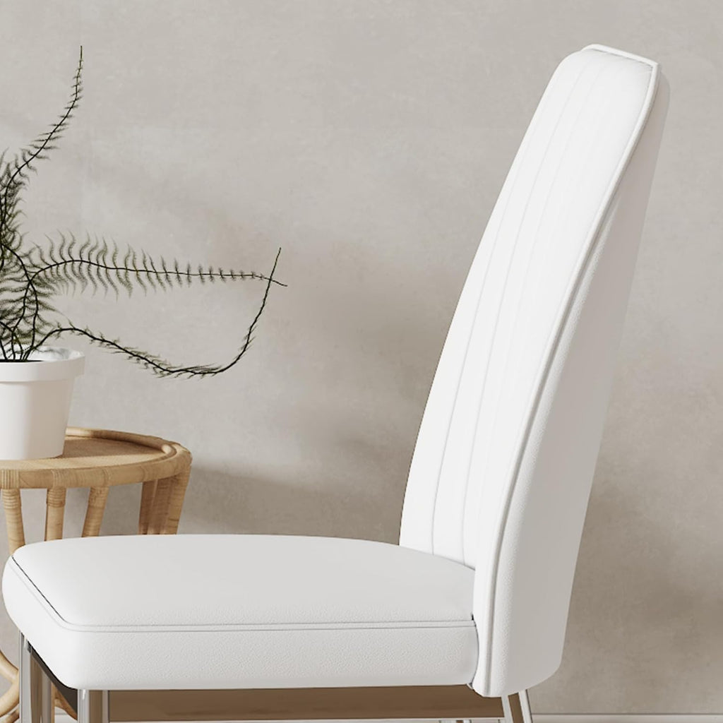 White Leather Chair, Modern Dining Chair Set of 4 with PU Leather and Chrome Leg, Sillas de Comedor with High Back