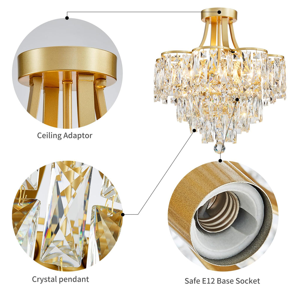 Crystal Chandelier Semi-Flushmount Ceiling Light Modern Lighting Fixture Hallway Entry Kitchen Bathroom, H 19.3" x W