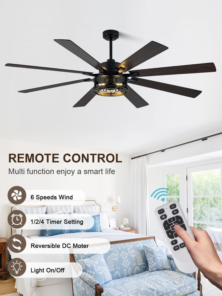 72 Inch Farmhouse Ceiling Fan with Lights and Remote Large Rustic Ceiling Fan Black Caged Fandelier Industrial
